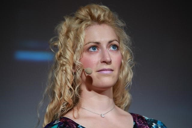 Jane McGonigal on stage at Meet the Media Guru in Milan, Italy, May 2011. Photo by Paolo Sacchi, MMG.