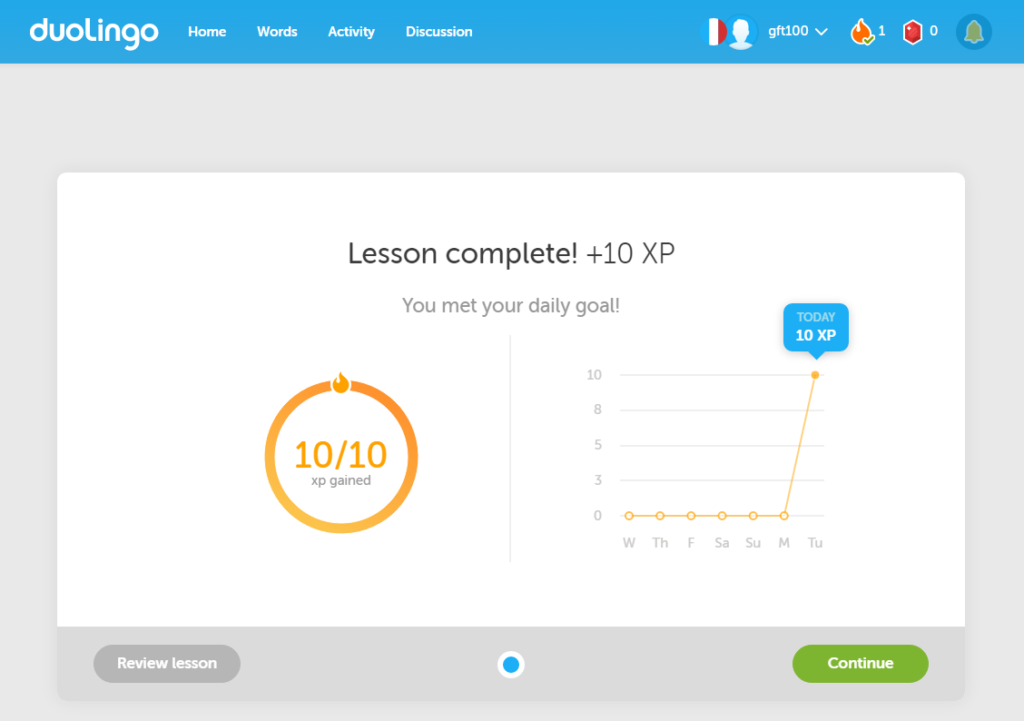 Gameful elements after my first completed lesson at Duolingo.