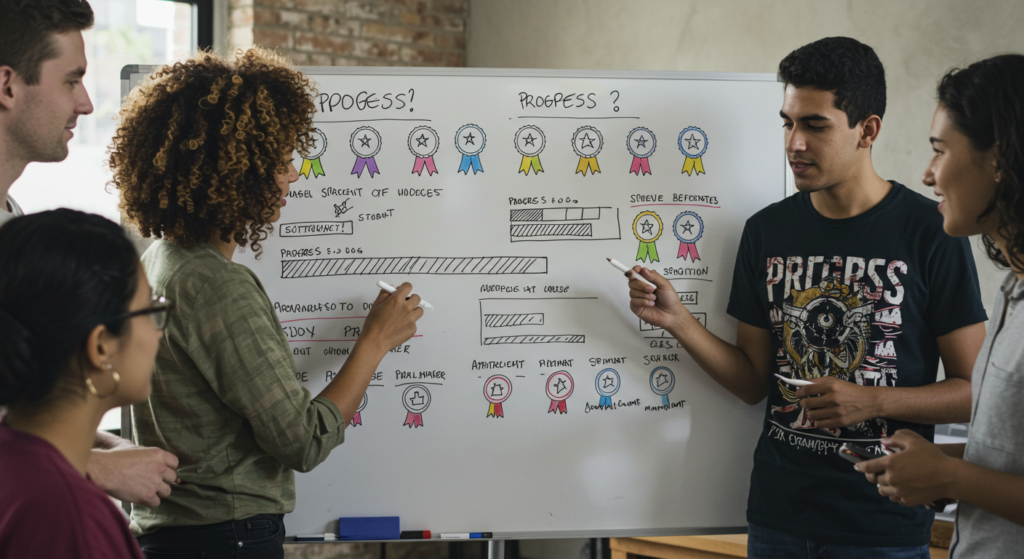 a group of people creating a gameful study plan on a whiteboard