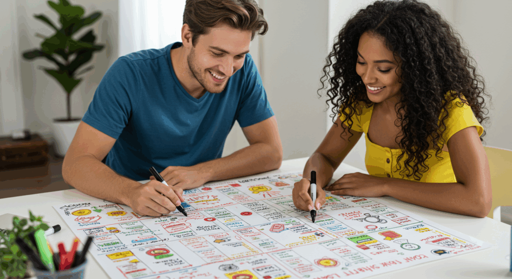 A man and a woman updating their quest board.
