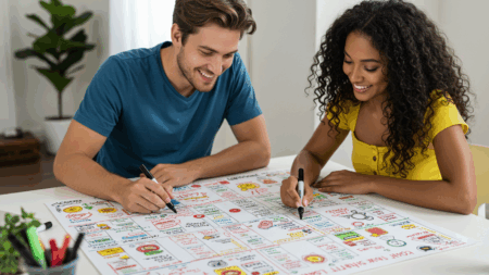 A man and a woman updating their quest board.
