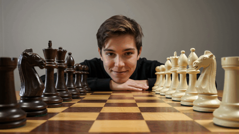 A person contemplating a large chess board with focus and joy