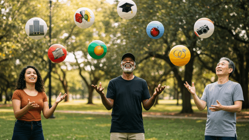 People juggling balls in the air, which represent different areas of life