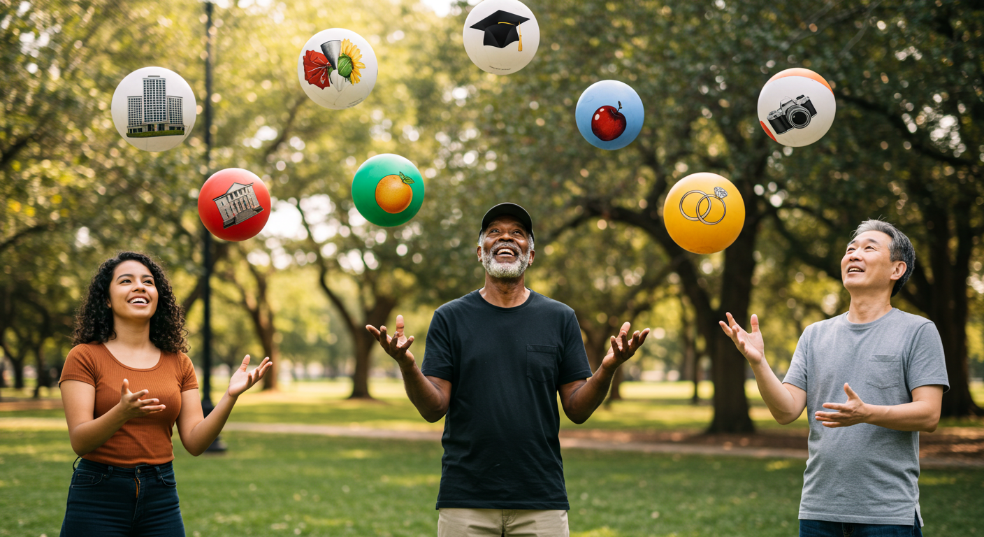 People juggling balls in the air, which represent different areas of life