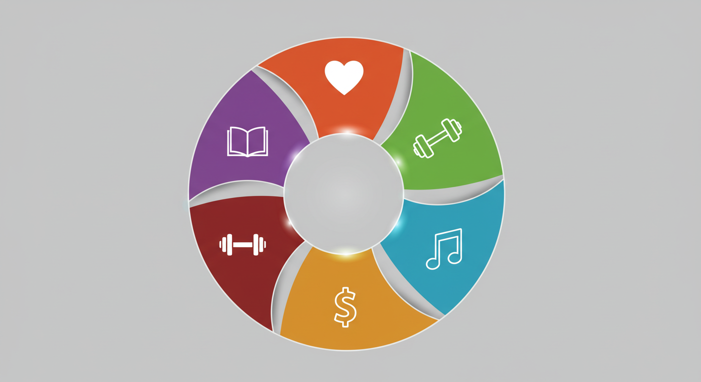 A graphic of a colored circular wheel with icons representing health, fitness, learning, finances, and hobbies