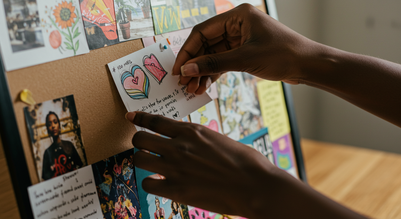 A close-up of a woman's hands arranging a personal vision board with a mix of colorful photos, notes, and drawings.