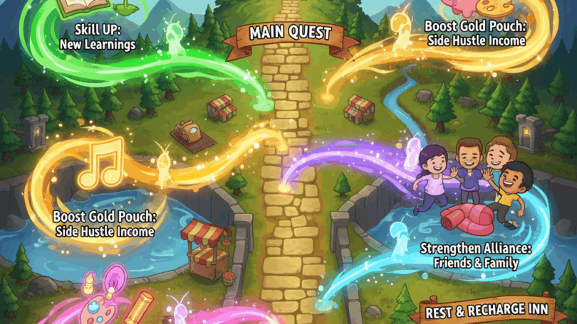 Illustration of a main quest path with several side quest paths on the side, in a game art style.