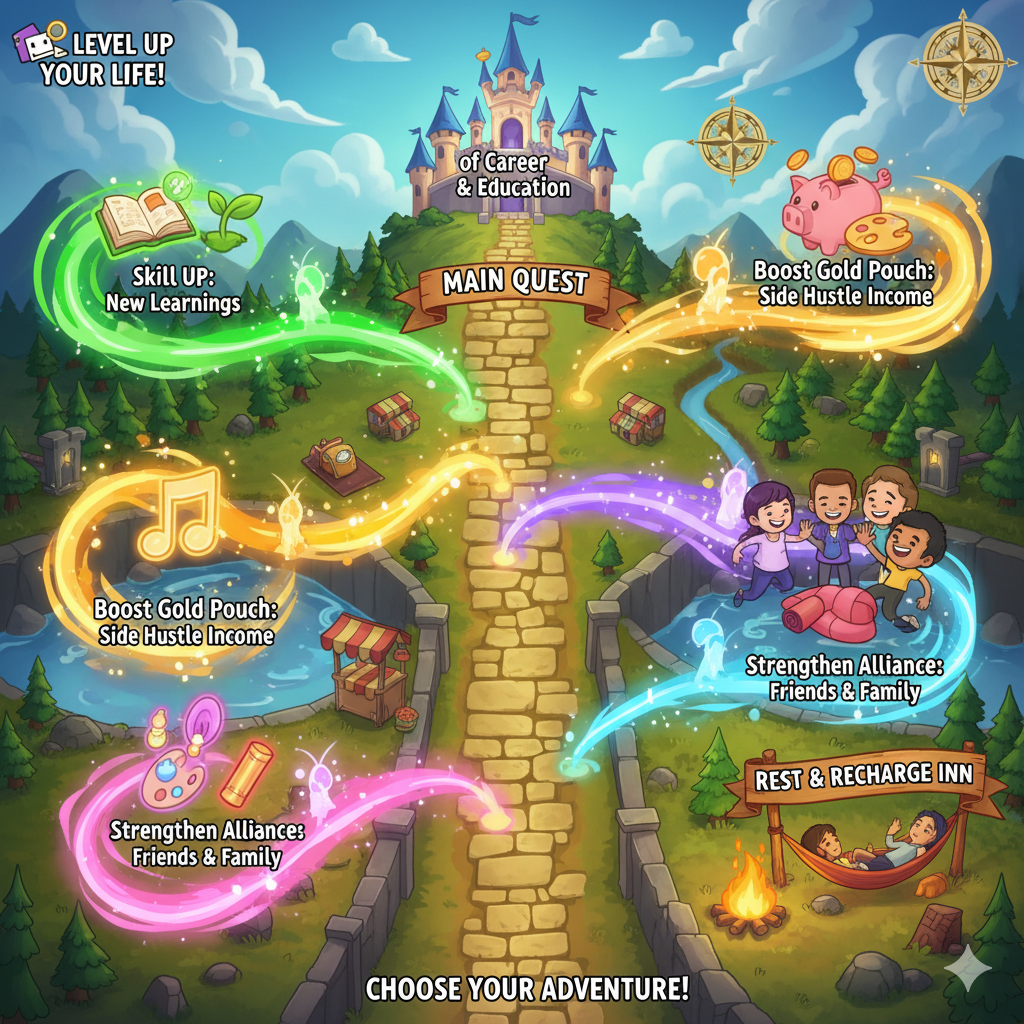 Illustration of a main quest path with several side quest paths on the side, in a game art style.