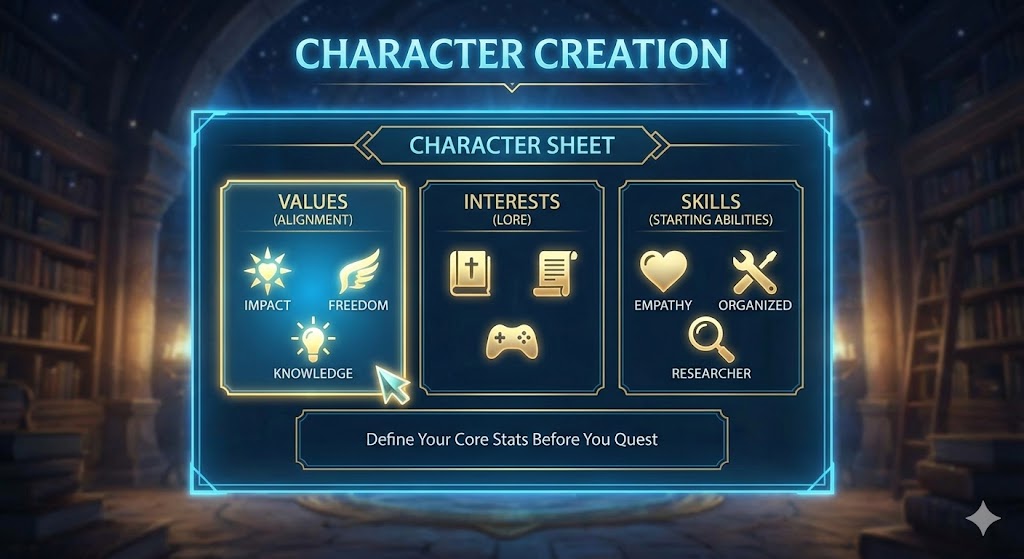 Illustration of a character creation sheet, with the parts mentioned in the article.
