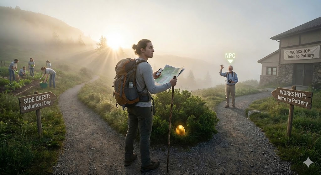 A man with a backpack and a map, standing in front of two paths. One path has a volunteering side quest, and the other has a man in front of a house waiting to give the character another side quest.