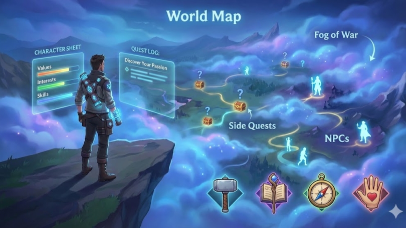 A character looking at their character sheet and ques log, while overseeing a world full of side quests.