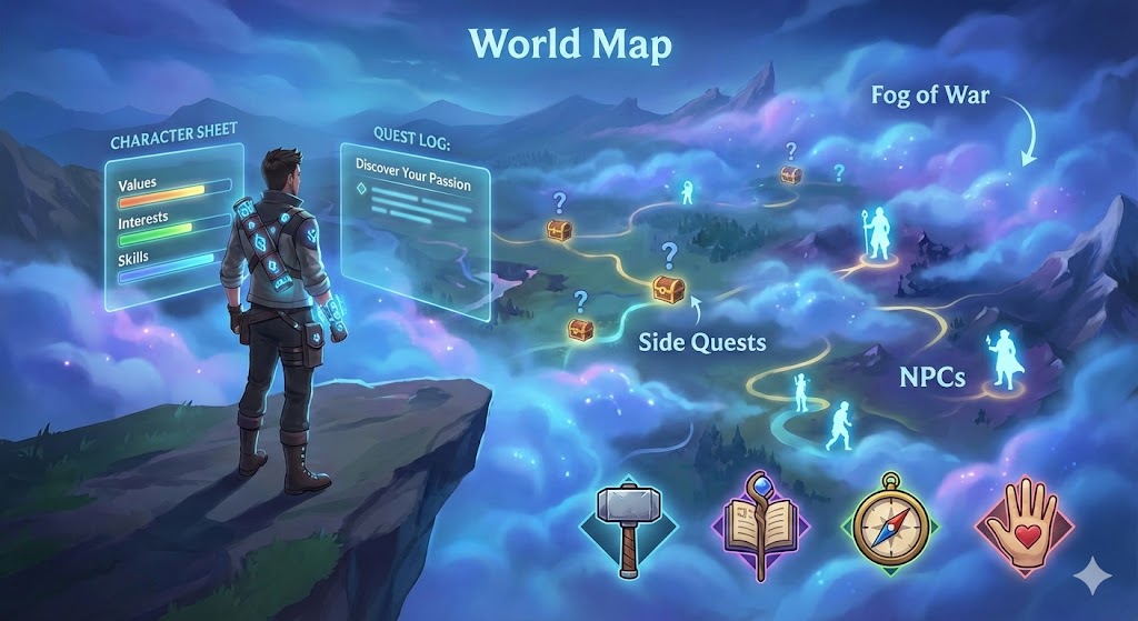 A character looking at their character sheet and ques log, while overseeing a world full of side quests.